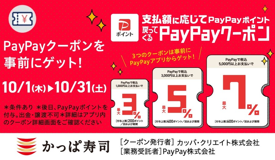 かっぱ寿司でPayPay払いが最大7%戻ってくる 10/1から「PayPayクーポン」 配信