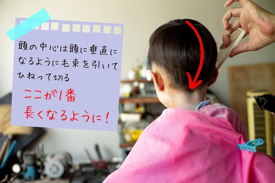 頭の中心は頭に垂直に なるように毛束を引いて ひねって切る