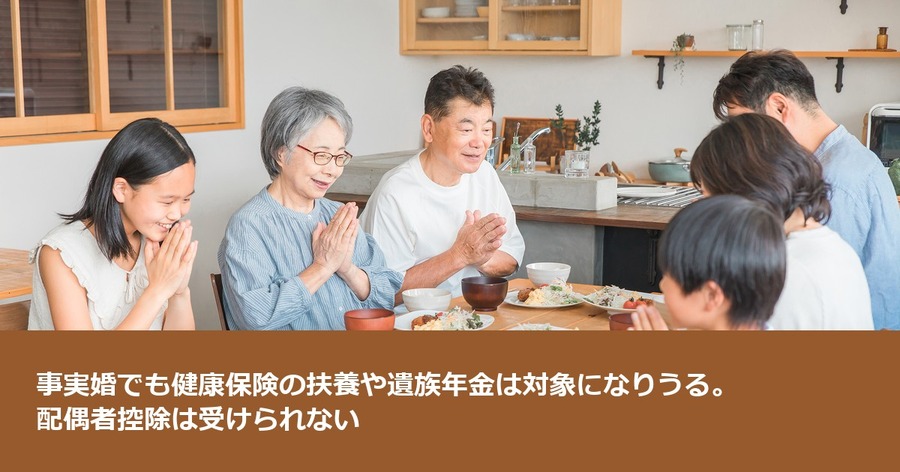 事実婚でも健康保険の扶養や遺族年金は対象になりうる。配偶者控除は受けられない