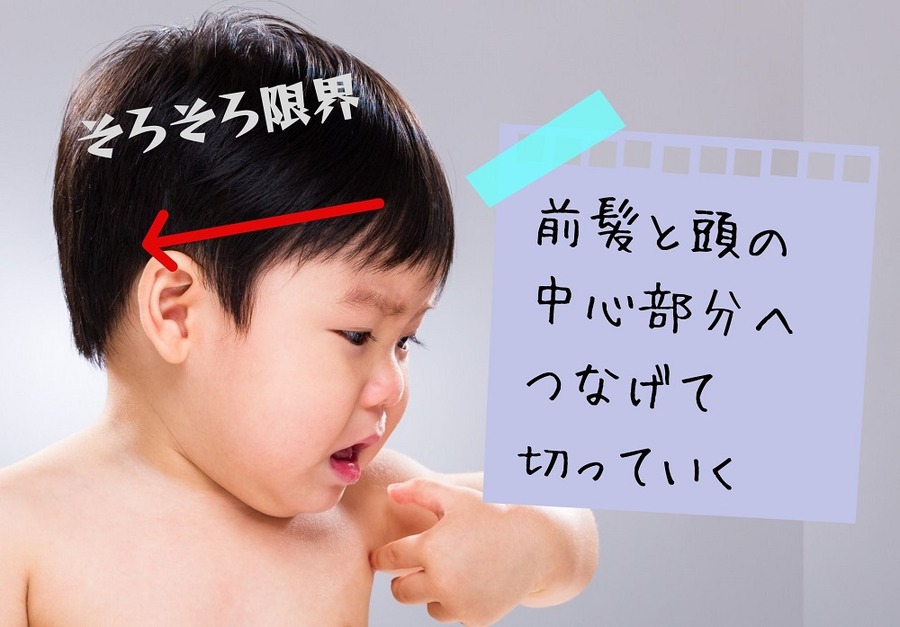 前髪と頭の中心部分へつなげて切っていく