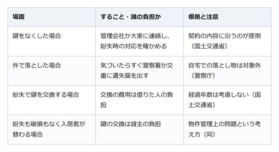 賃貸の鍵をなくしたら、まず管理会社と警察へ。交換の費用は誰が払うのか