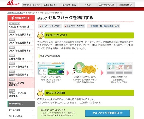 アフィリエイトサイト「A8ネット」のセルフバック
