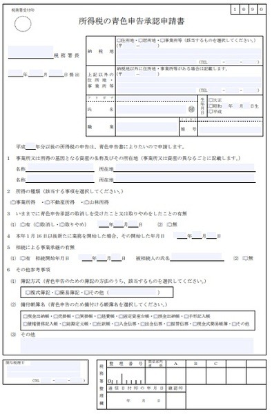 所得税の青色申告承認申請書