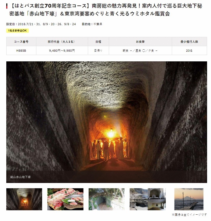 【はとバス創立70周年記念コース】南房総の魅力再発見！案内人付で巡る巨大地下秘密基地「赤山地下壕」＆東京湾要塞めぐりと青く光るウミホタル鑑賞会