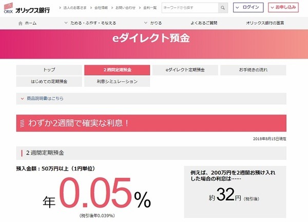 また、まずはお試しで定期預金をやってみたいと考えている人には、オリックス銀行では2週間もの定期預金があります。