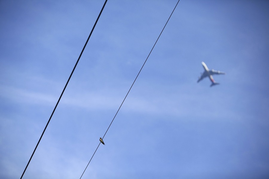 不動産担保に関わる電線と飛行機