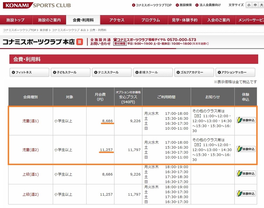 大手スイミングスクールの「コナミ」の月謝
