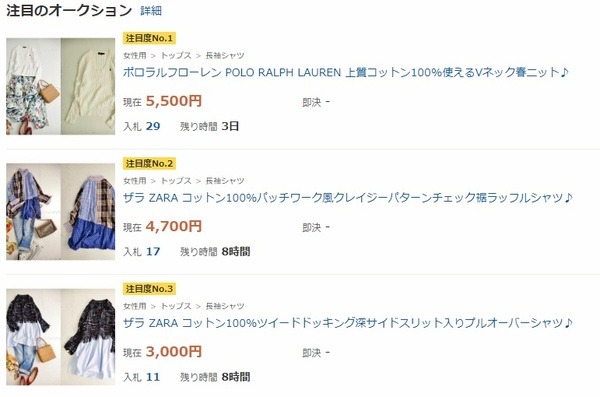 ヤフオクで女性用長袖シャツ、ブラウスが人気