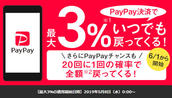 ペイペイ決済で3%返ってくる
