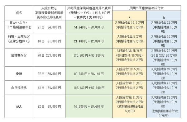 表6：入院時の自己負担費用と民間の医療保険の給付金