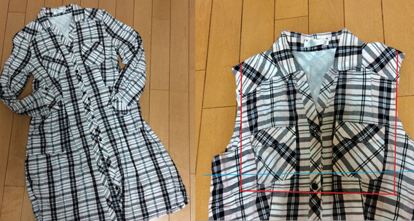 写真右側の赤いライン衿の部分をぐるりと切り取ります