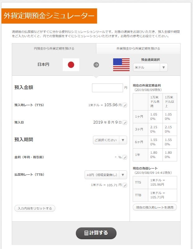 じぶん銀行外貨定期預金シミュレーター