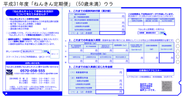 「ねんきん定期便」（50歳未満）オモテ