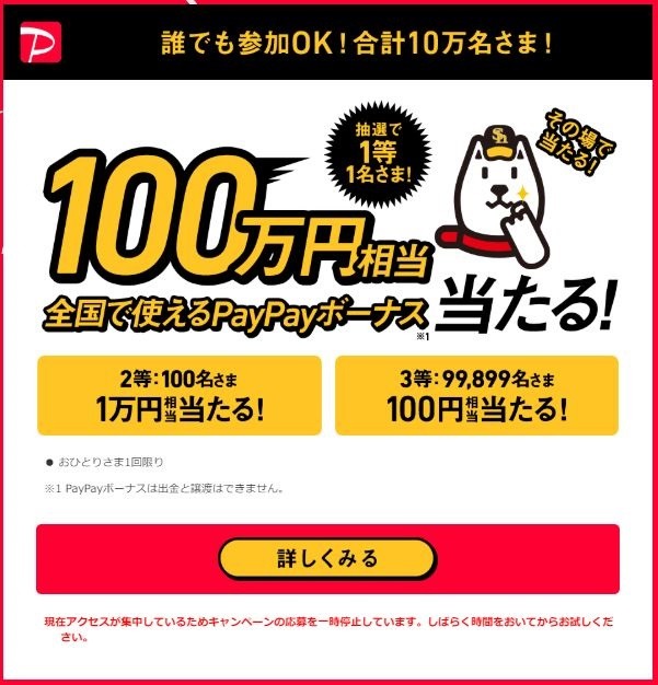 100万円相当のPayPayボーナス当たる