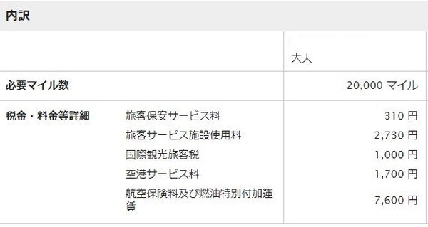 台北の特典往復航空券を取った時の諸費用内訳