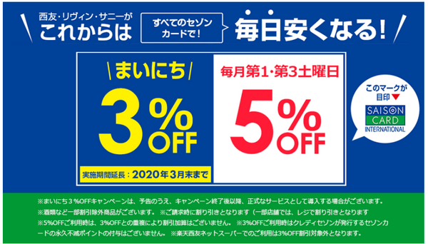 西友・リヴィン・サニーで毎日3％、第1・第3土曜日は5％割引