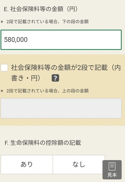 年末調整済み源泉徴収票の入力項目E・F
