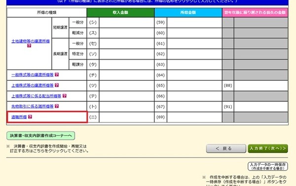 退職所得の箇所をクリックする画像