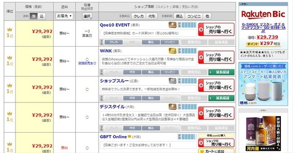 最安値順に表示してくれる
