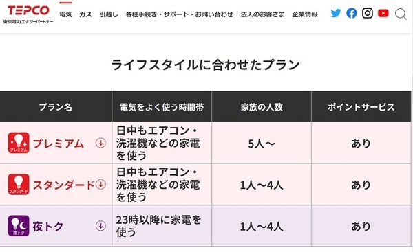 東京電力ライフスタイルに合わせた電気プラン
