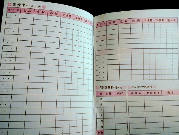 家計簿の医療費を記録していくページ