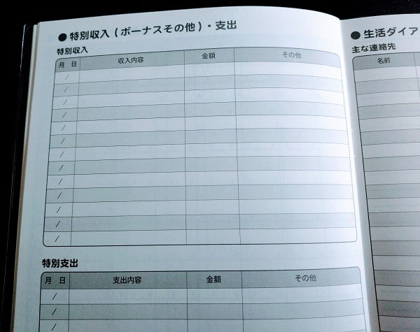 A5くらし上手さんの家計簿にある「特別支出や収入を記入する一覧表」
