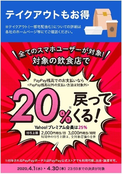 持ち帰りでもOKなPayPayの飲食チェーン店20％還元