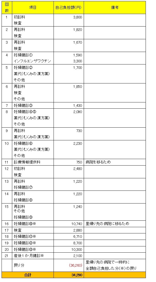 馬淵さんの妊婦検診・出産自己負担費用