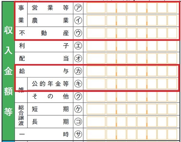 第一表「収入金額」欄のうち、免除申請で対象となるもの