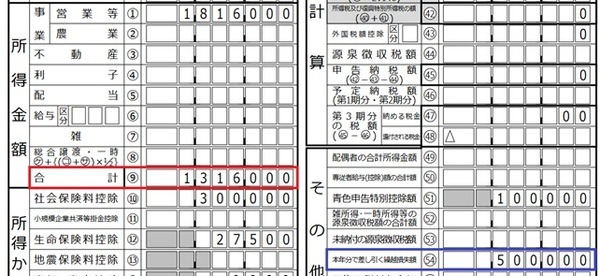 総合課税の所得の表
