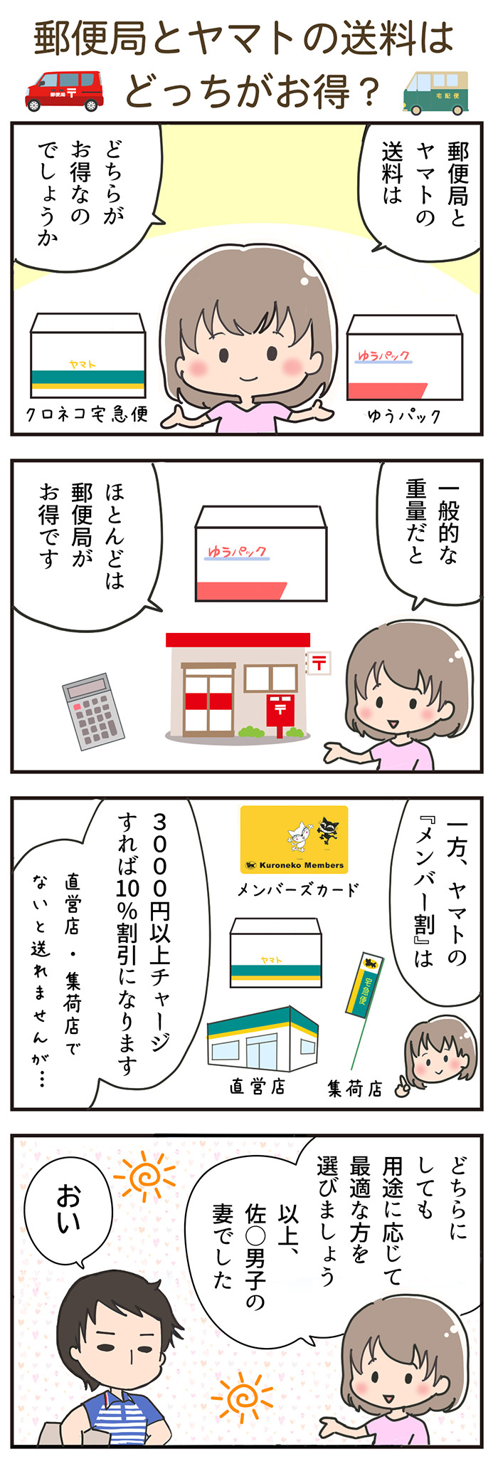 【4コマ漫画】郵便局とヤマトの送料はどっちがお得？