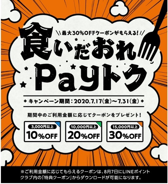 対象飲食店でのLINE Pay利用で最大30%引きクーポンをプレゼント