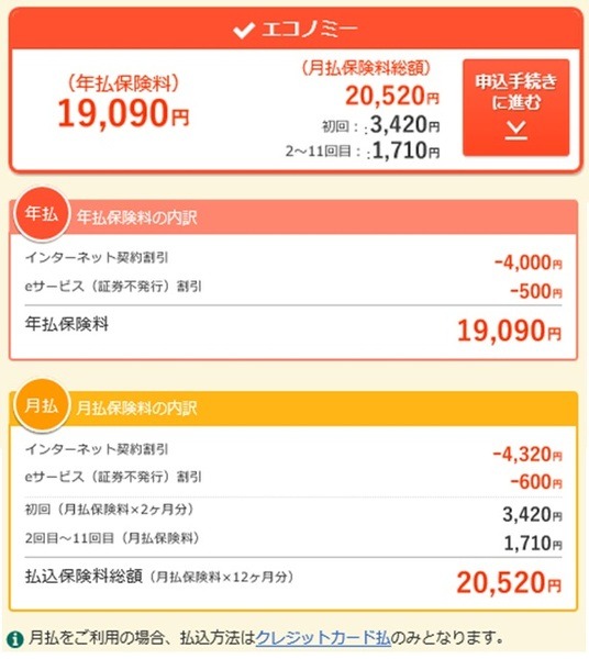 三井ダイレクト損保8,001km～9,000kmで見積もり