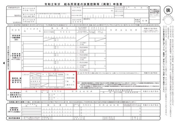 令和2年分扶養控除等申告書のCに寡婦・寡夫のチェック欄