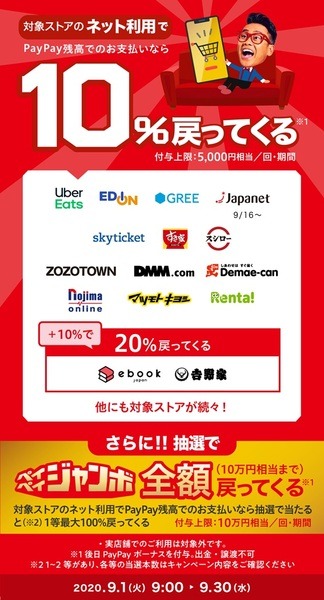 対象ストアのネット利用で10％PayPayボーナス還元
