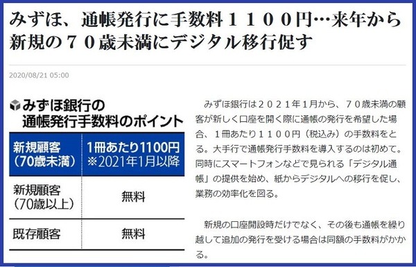 みずほ銀行通帳有料化記事