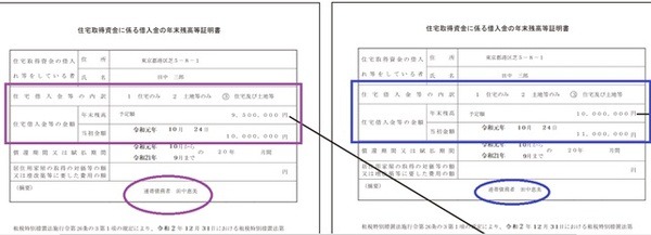 借入金の年末残高証明書の例（2本分）：紫枠と青枠を転記15
