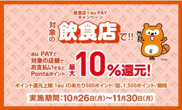 対象飲食店でのau PAY支払いで最大10％還元