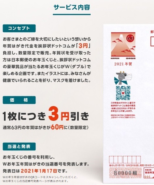 「Wお年玉付き年賀はがき」は3円/枚お得