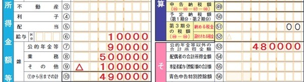 給与所得・雑所得・公的年金等以外の合計所得金額の記載例