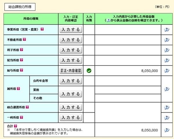 総合課税の所得欄