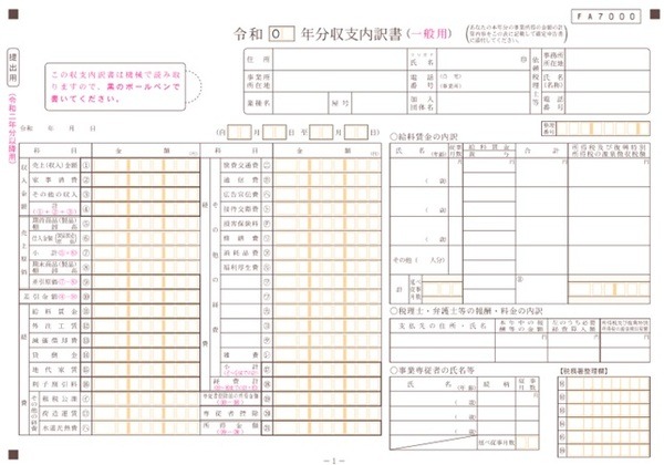 事業所得者が提出する収支内訳書の1ページ目