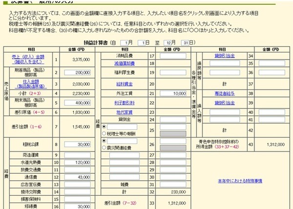 損益計算書画面で入力できるものは年間計で入力