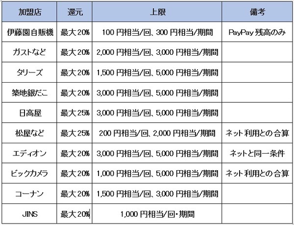 主な大手実店舗とキャンペーンの概要