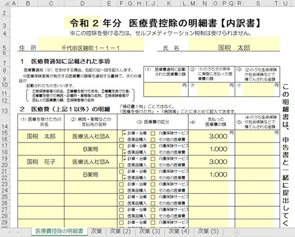 「2医療費（上記1以外）の明細」入力例