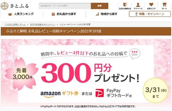 さとふるレビュー300円分プレゼントキャンペーン
