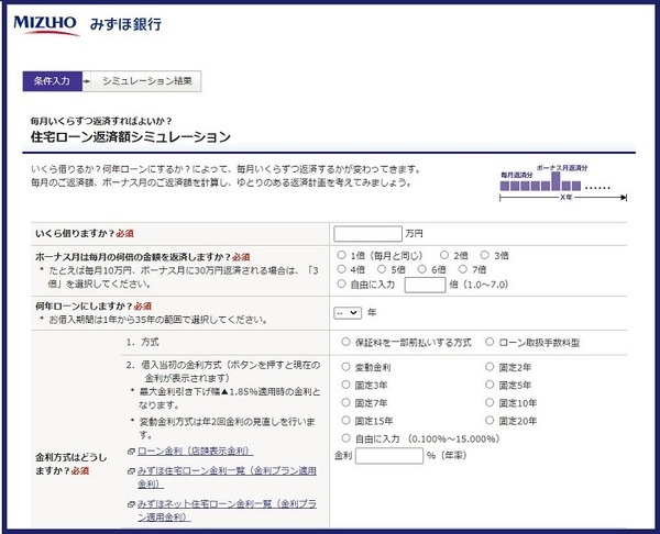 みずほ銀行の住宅ローンシミュレーション