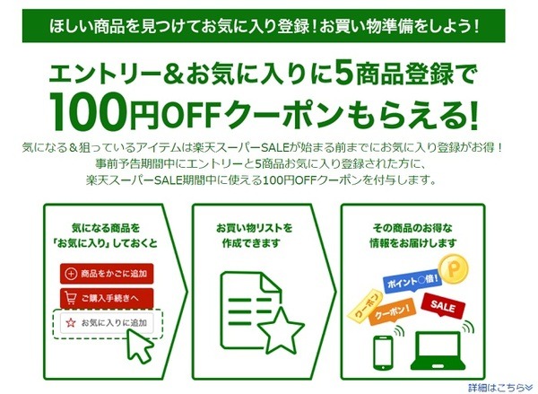 2021年6月楽天スーパーSALE事前エントリー＆お気に入り5商品登録で100オフクーポン