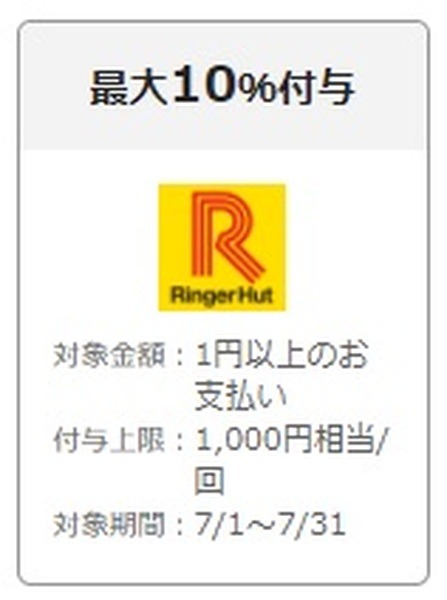 リンガーハット　最大10％付与