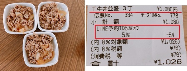 牛丼（並盛）3つセットのLINE注文で「114円」お得になった
